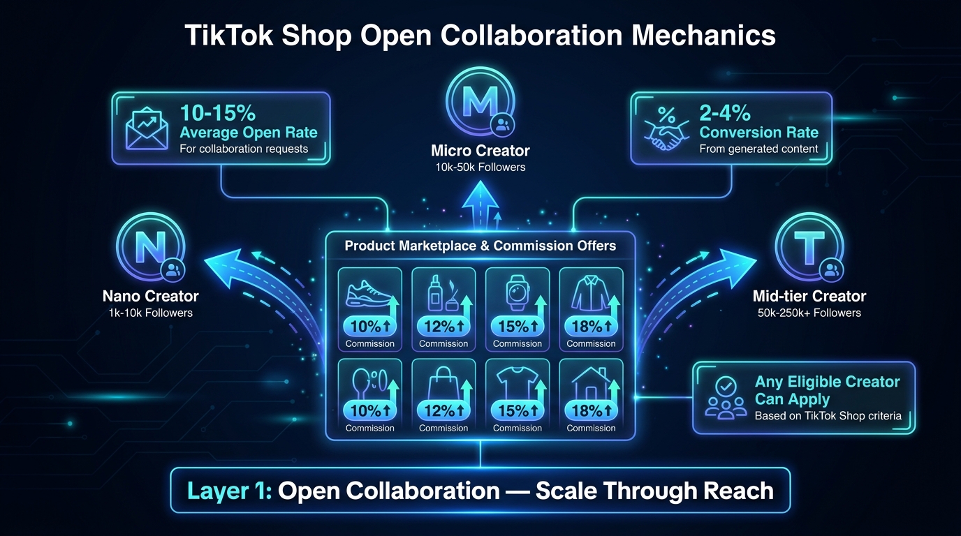 TikTok Shop Open Collaboration product marketplace showing commission rate badges and creator tiers