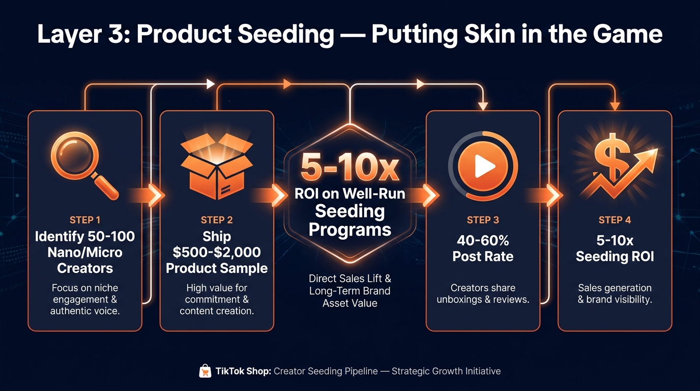 TikTok Shop creator seeding pipeline showing the 4-step flow from creator identification to 5-10x ROI