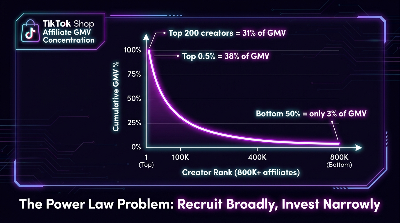 Power-law distribution chart showing TikTok Shop GMV concentration — top 200 creators drive 31% of GMV