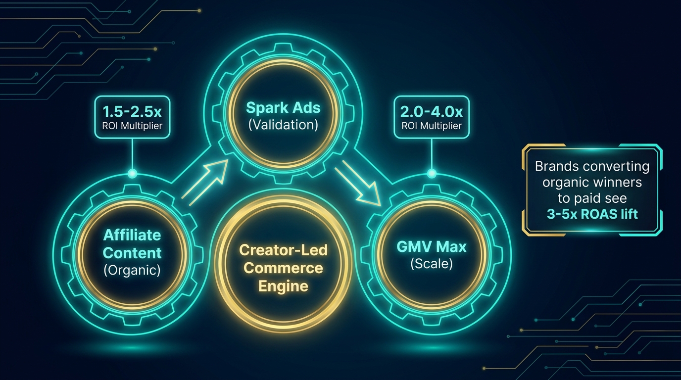 TikTok Shop paid amplification flywheel showing affiliate content to Spark Ads to GMV Max with ROAS multipliers