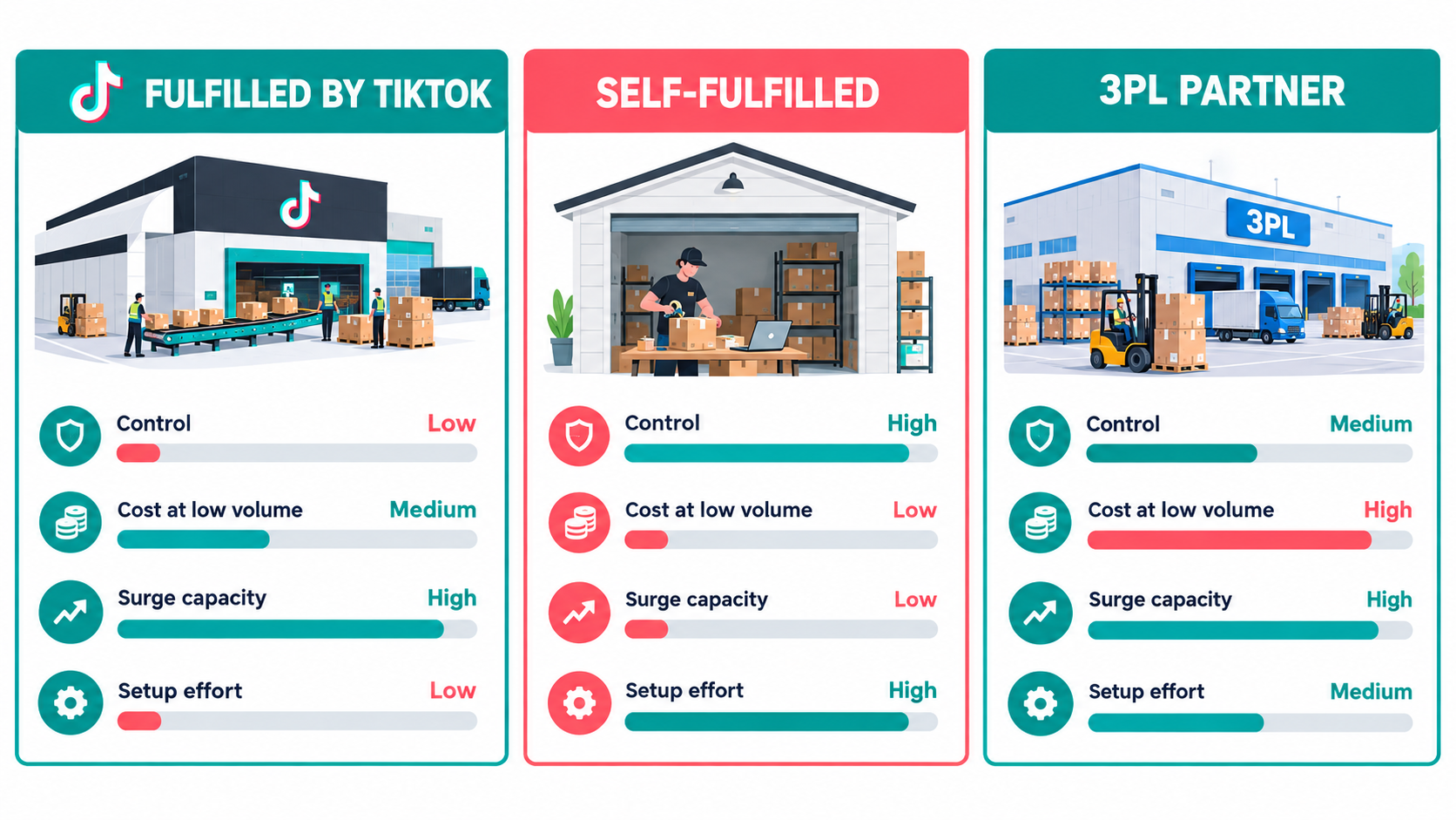 Infographic comparing Fulfilled by TikTok, self-fulfillment, and 3PL partners on control, cost at low volume, surge capacity, and setup effort
