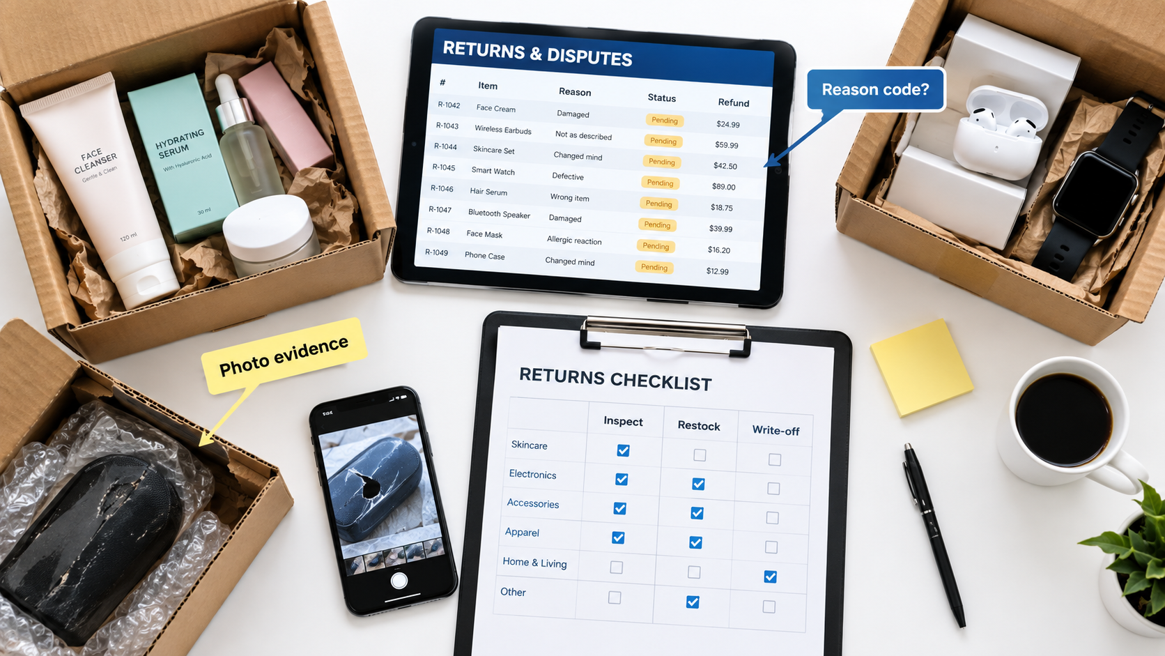A returns processing table with opened boxes, a tablet showing a returns and disputes queue, and a checklist for inspect, restock, or write-off
