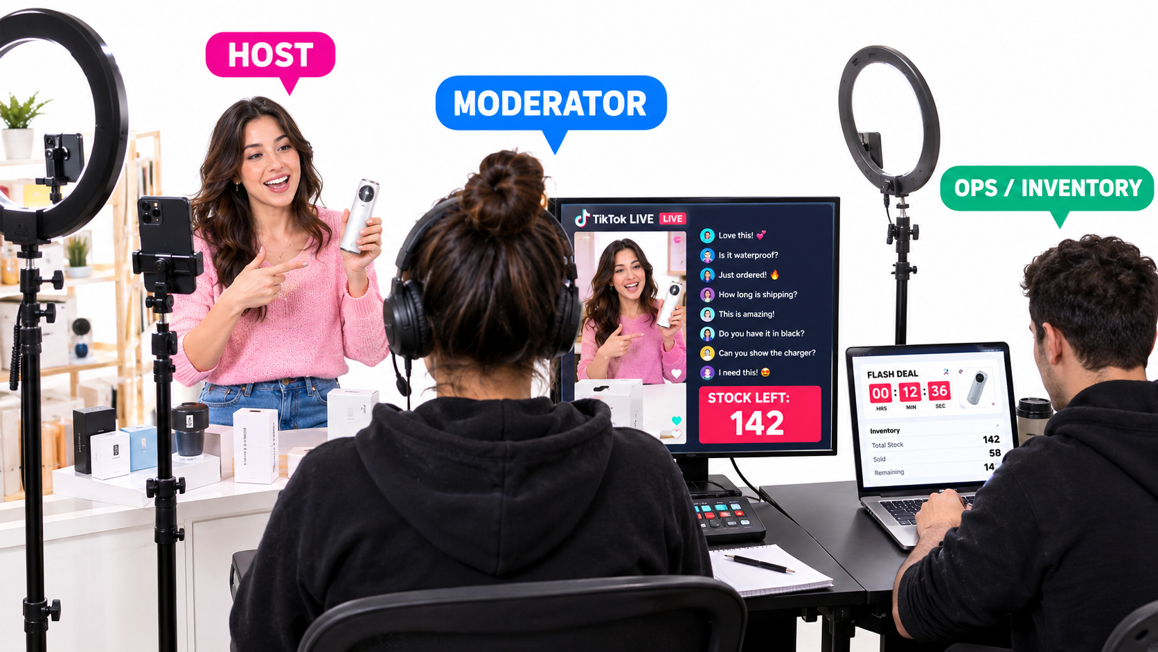 A TikTok LIVE selling studio with a host on camera, a moderator watching comments, and an operations person tracking stock and flash deal timers