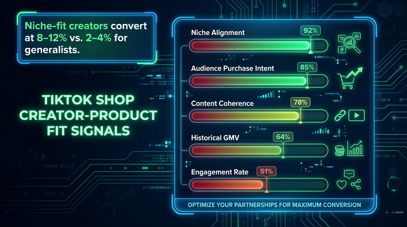 Five key signals of creator-product fit on TikTok Shop: niche alignment, audience purchase intent, content coherence, historical GMV, and engagement rate