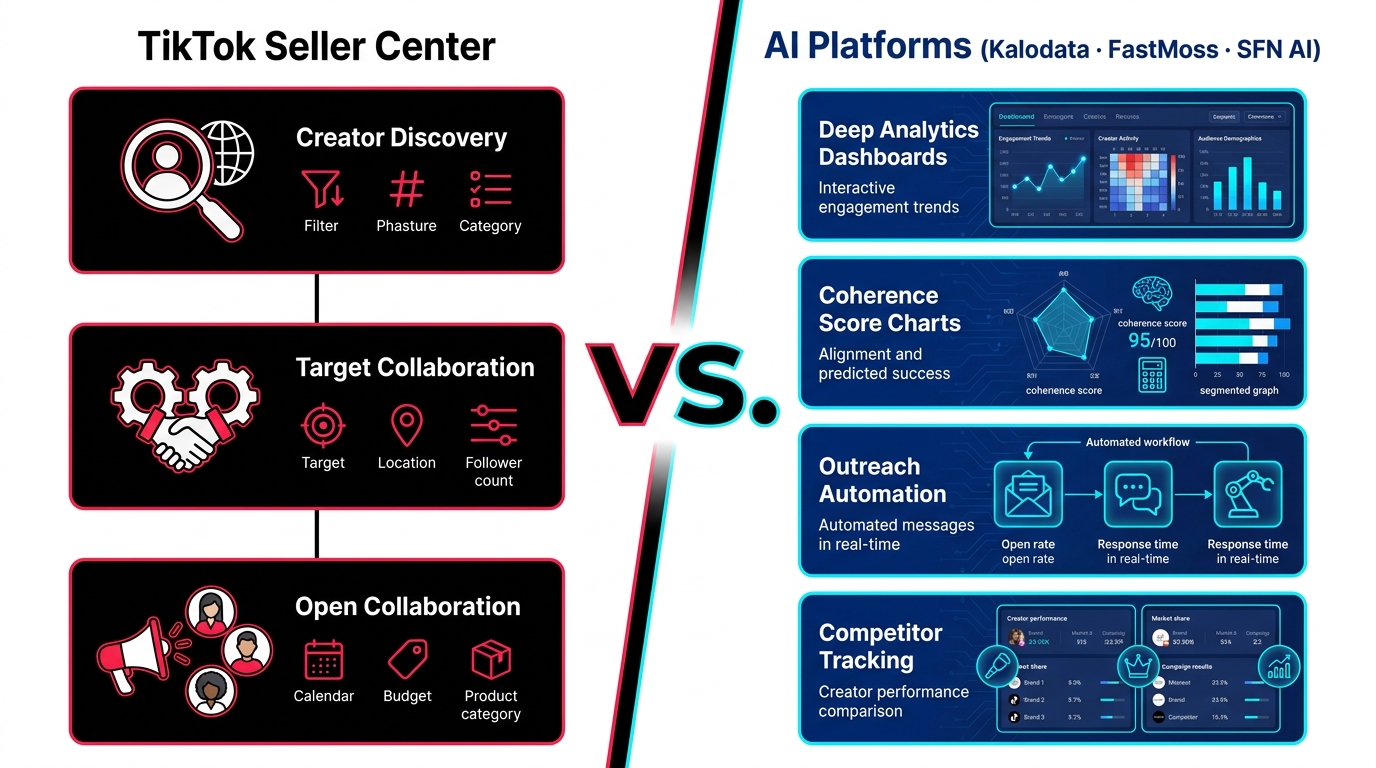 Comparison of TikTok Seller Center native tools versus third-party AI platforms like Kalodata, FastMoss, and SFN AI for creator matching