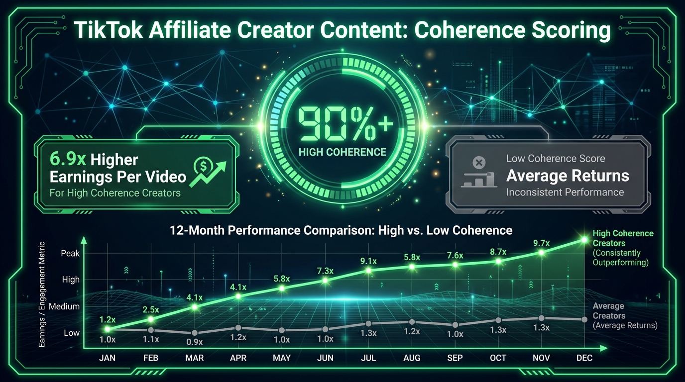 Coherence scoring for TikTok affiliate creator content — creators scoring 90%+ achieve 6.9x higher earnings per video