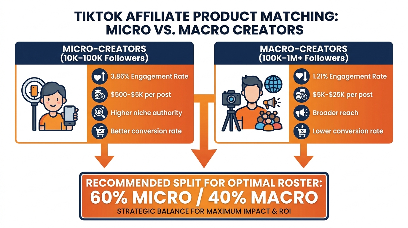 Micro vs. macro creator comparison for TikTok affiliate product matching — 60% micro, 40% macro recommended roster split