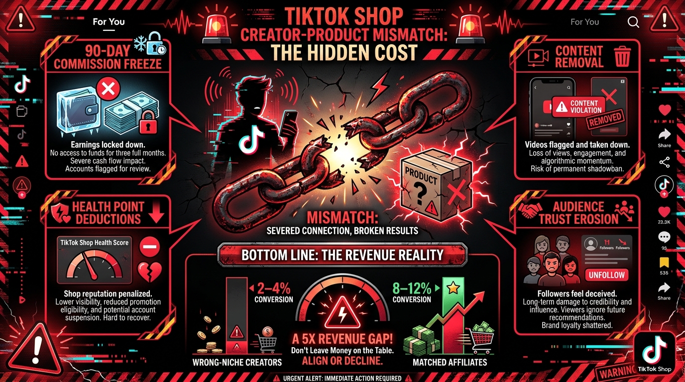 Warning infographic showing the costs of creator-product mismatch on TikTok Shop including commission freezes, content removal, and a 5x conversion gap