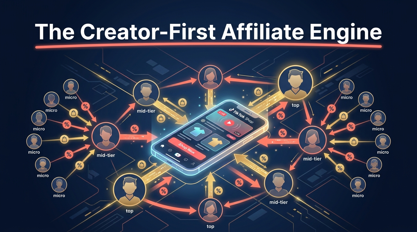 The Creator-First TikTok Shop Affiliate Engine — interconnected creator tiers linked by product flow and commission arrows