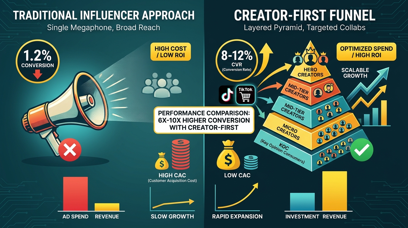 Comparison infographic: Traditional influencer approach versus creator-first funnel showing conversion rate differences