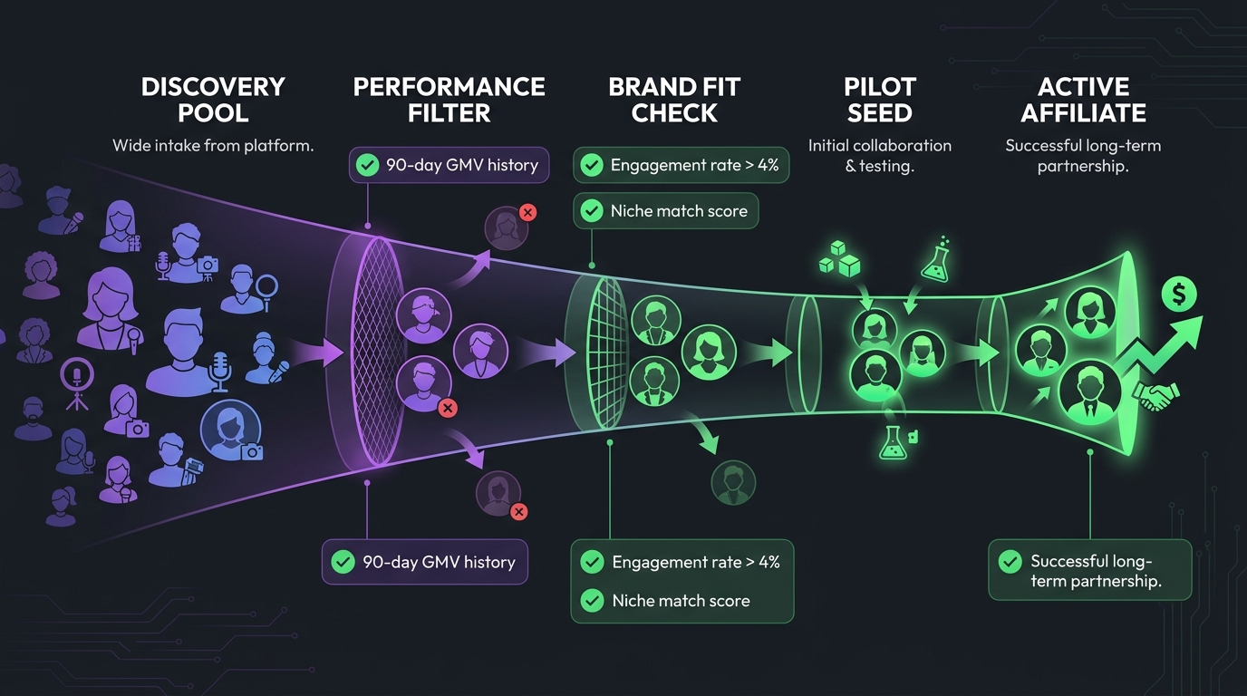 TikTok Shop creator recruitment pipeline diagram showing five vetting stages from discovery to active affiliate