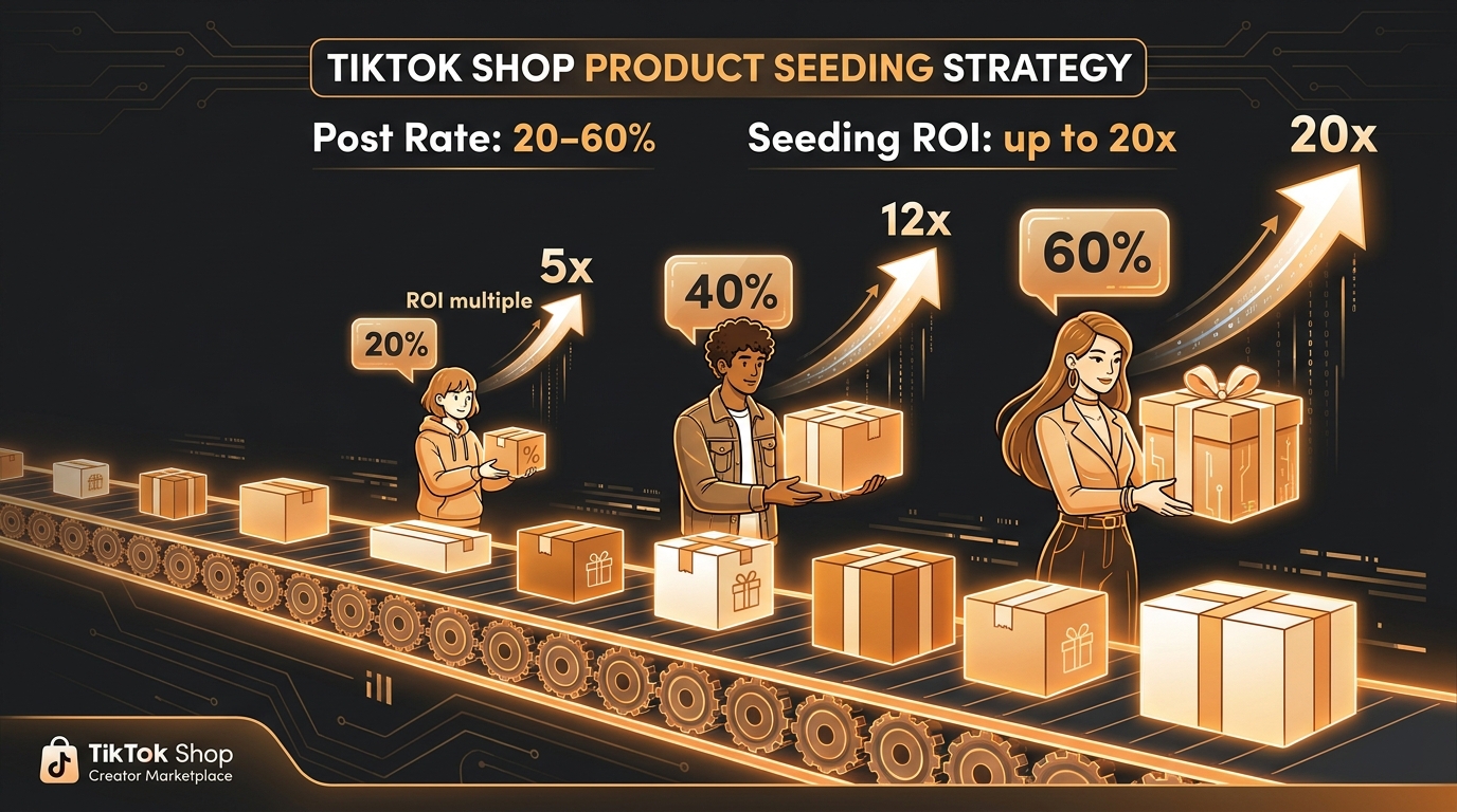 Illustration of TikTok Shop creator seeding strategy showing post rates from 20-60% and ROI up to 20x