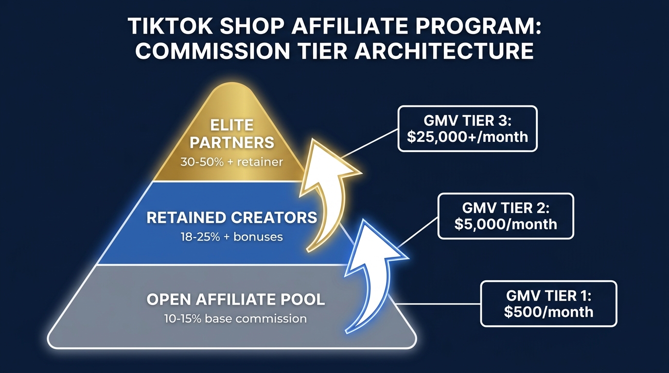 Commission tier architecture pyramid for TikTok Shop affiliate program showing three tiers with GMV thresholds