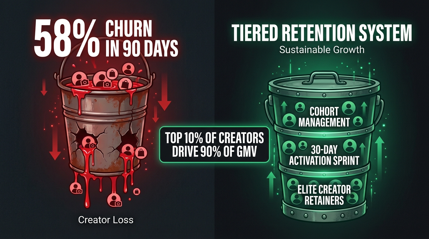 Creator retention versus churn comparison showing 58% churn in 90 days versus structured retention models