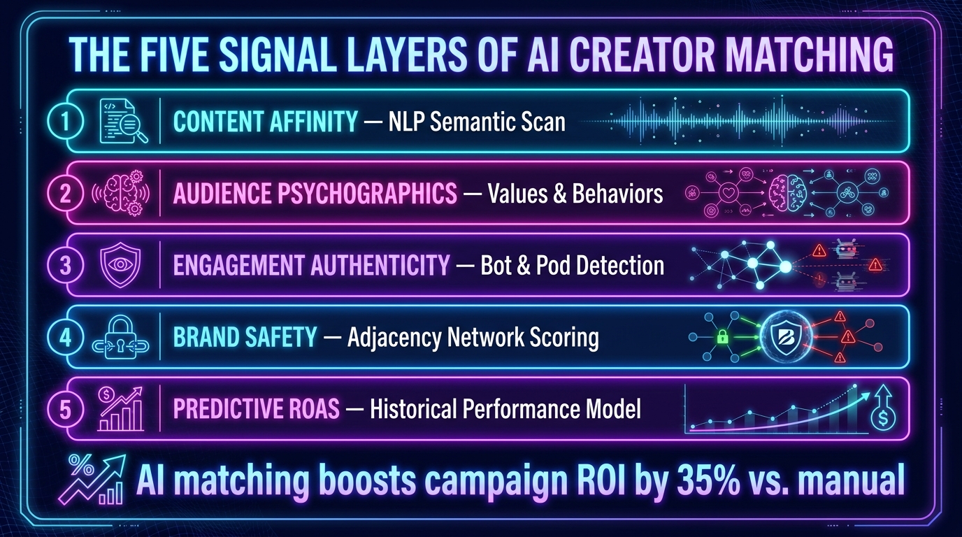 Five signal layers of AI creator matching — content affinity, audience psychographics, engagement authenticity, brand safety, predictive ROAS