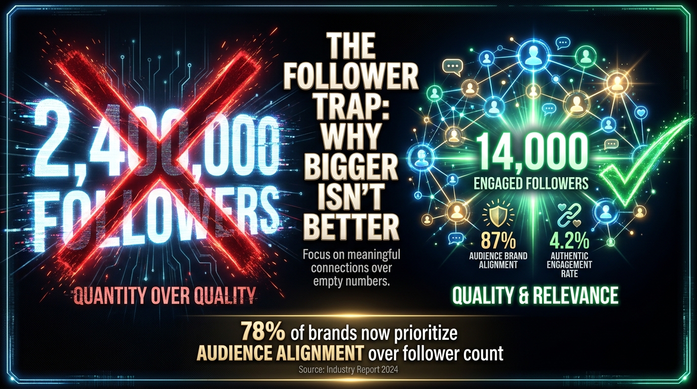 The follower trap — 2.4 million followers with red X versus 14,000 aligned followers with green checkmark showing 78% audience brand alignment