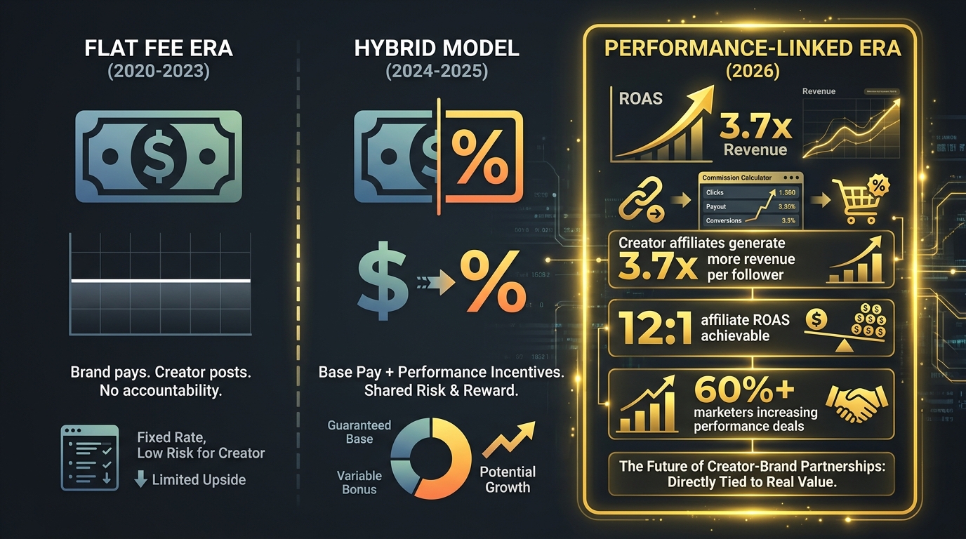 Evolution of creator compensation models — from flat fee era to hybrid model to performance-linked ROAS deals in 2026