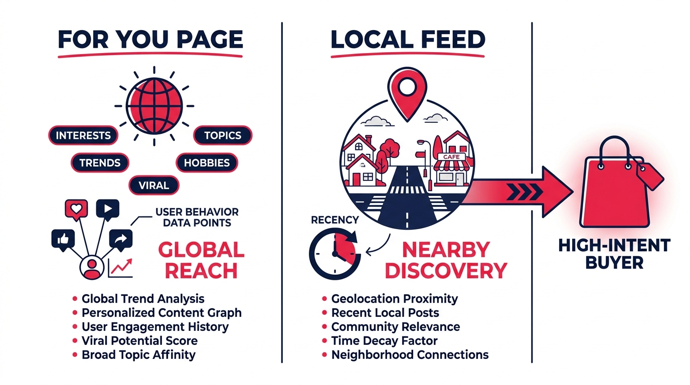 Side-by-side comparison of TikTok For You Page versus Local Feed showing ranking signals, audience intent, and commerce outcomes for each surface