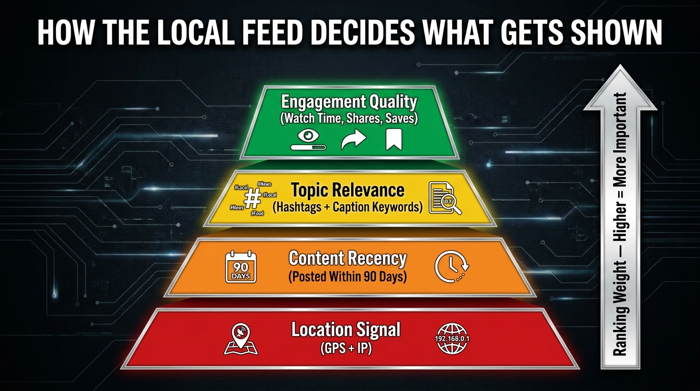 Pyramid diagram showing TikTok Local Feed ranking signals from location and GPS at the base through recency, topic relevance, and engagement quality at the top