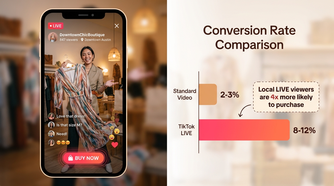 TikTok LIVE shopping session in a local boutique showing conversion rate comparison between standard video and LIVE commerce formats
