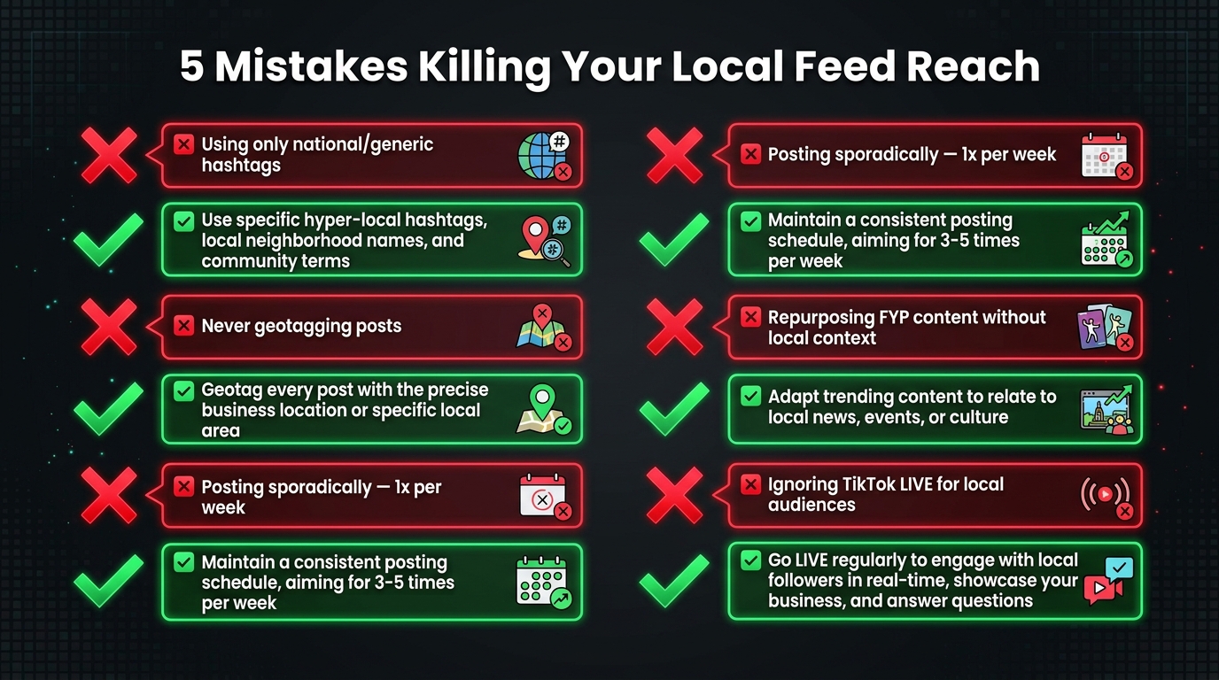 Error checklist showing five common TikTok Local Feed mistakes with red X marks and green checkmarks showing the correct approach for each