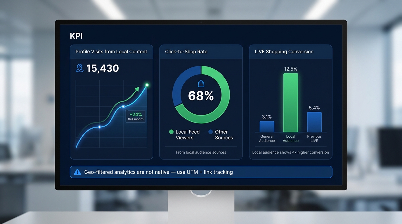 TikTok analytics dashboard showing local commerce KPIs including profile visits, click-to-shop rate, and LIVE conversion metrics with UTM tracking annotations