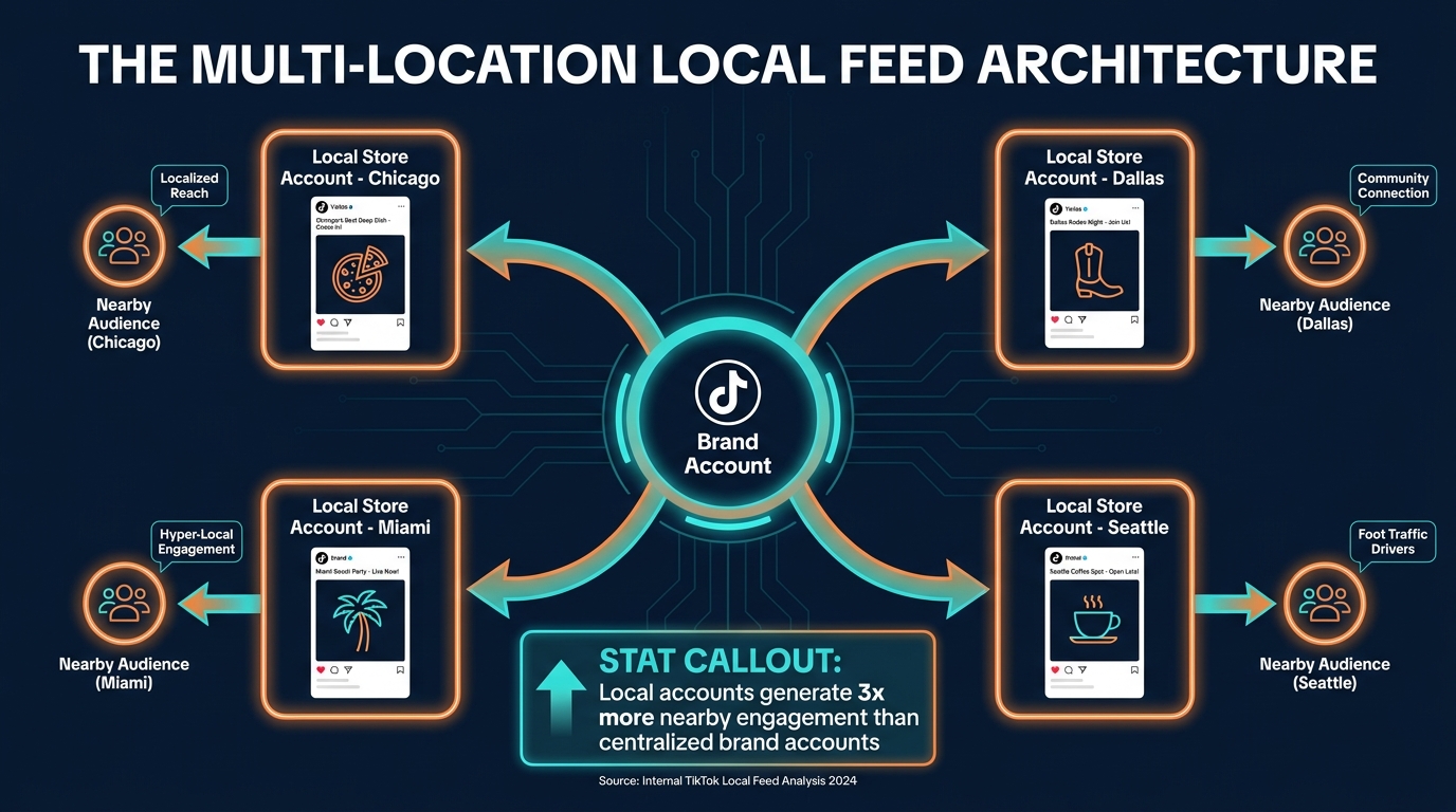 Hub and spoke diagram showing multi-location brand TikTok Local Feed architecture with central brand account connected to city-specific store accounts