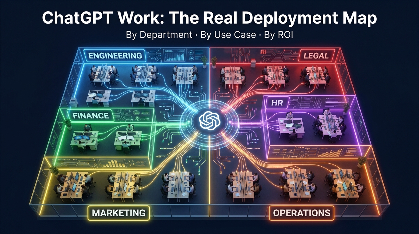 ChatGPT Work deployment map across departments: Engineering, Finance, Marketing, Legal, HR, Operations