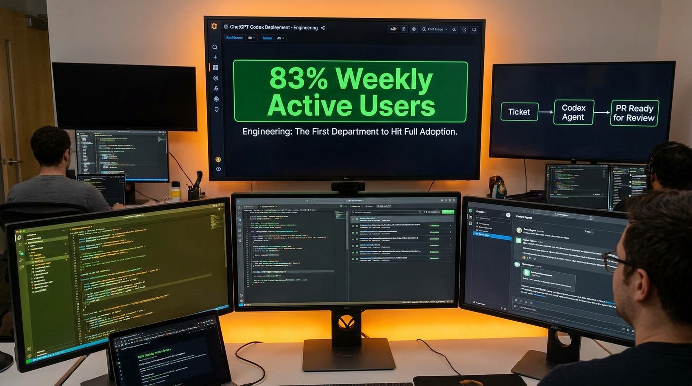 Engineering team ChatGPT Codex deployment showing ticket-to-PR workflow with 83% weekly active user stat