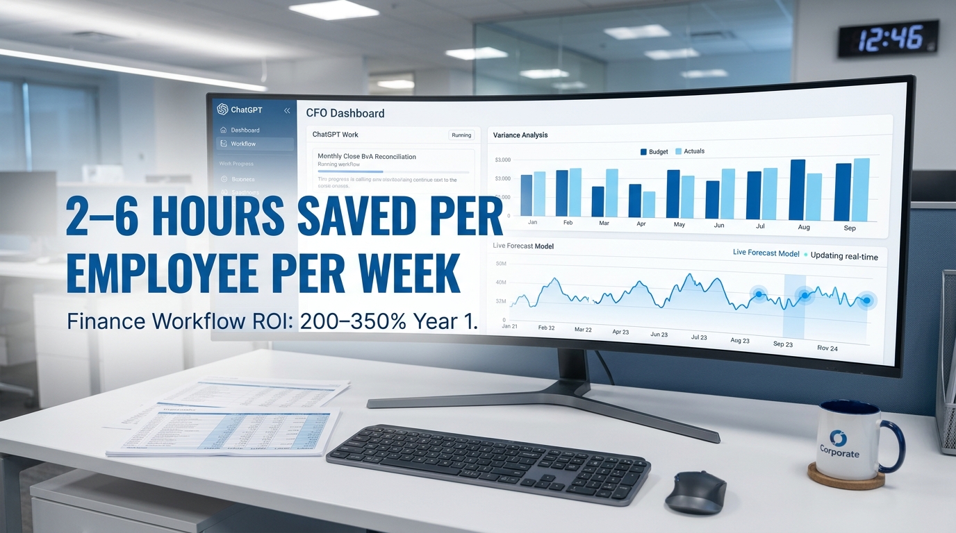 Finance team ChatGPT Work dashboard showing monthly close BvA reconciliation workflow with ROI statistics