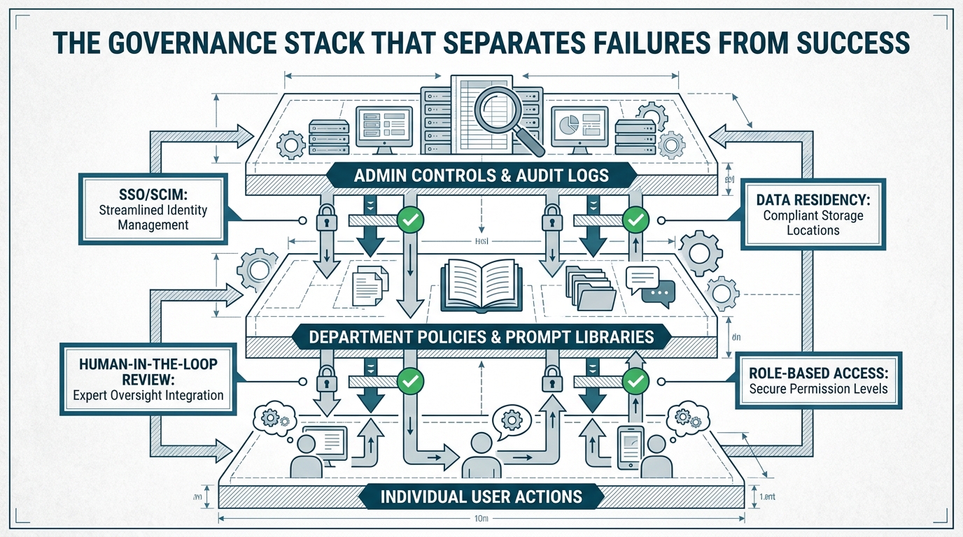 Enterprise AI governance architecture diagram showing layered admin controls, department policies, and human-in-the-loop review gates