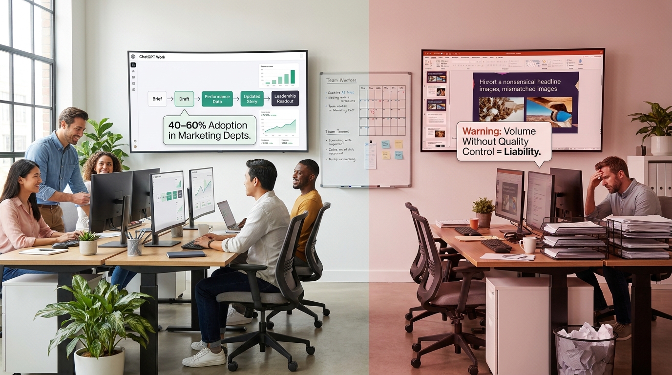 Marketing team ChatGPT Work campaign workflow showing brief to leadership readout flow with adoption statistics and quality control warning