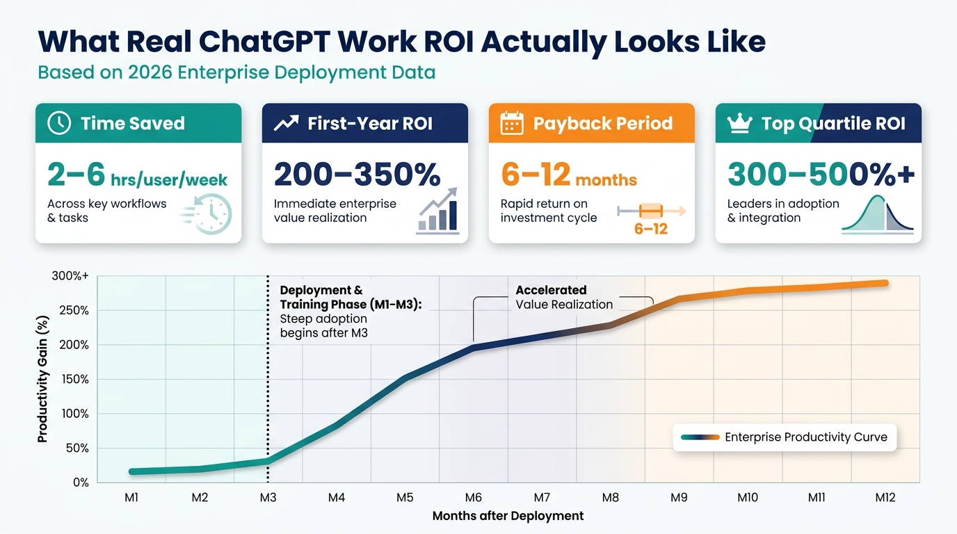 ChatGPT Work ROI measurement dashboard showing 2–6 hours saved per week, 200–350% first-year ROI, 6–12 month payback, and 300–500%+ top-quartile ROI