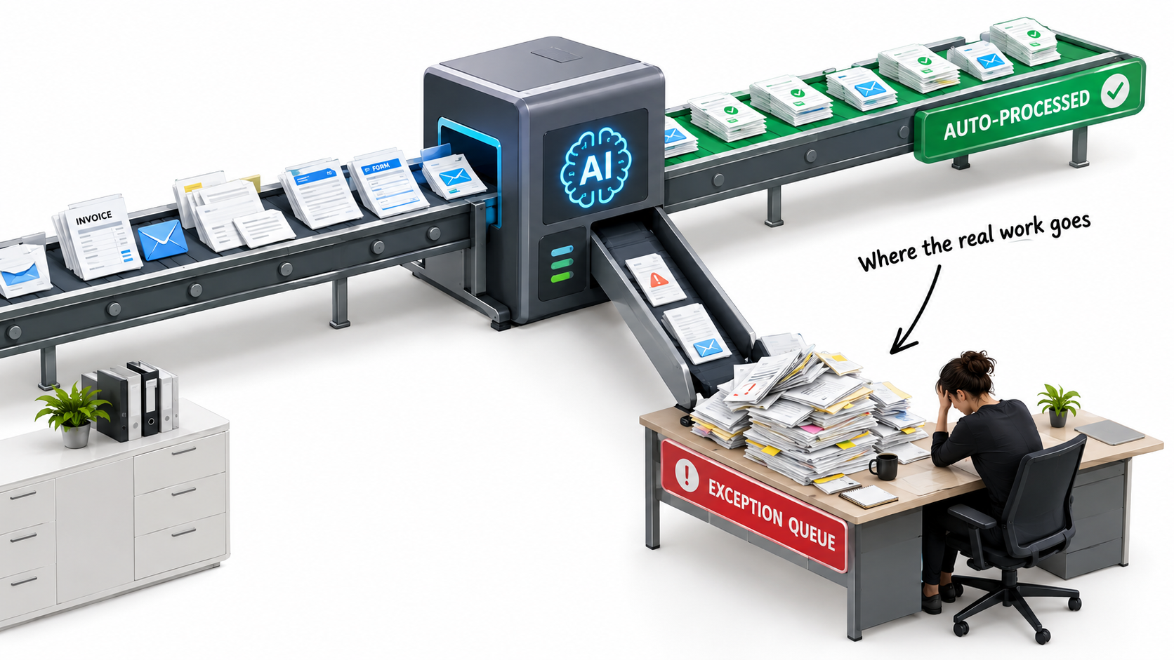 Conveyor belt of invoices and emails passing through an AI machine, with most auto-processed and a steady stream diverted into a human exception queue