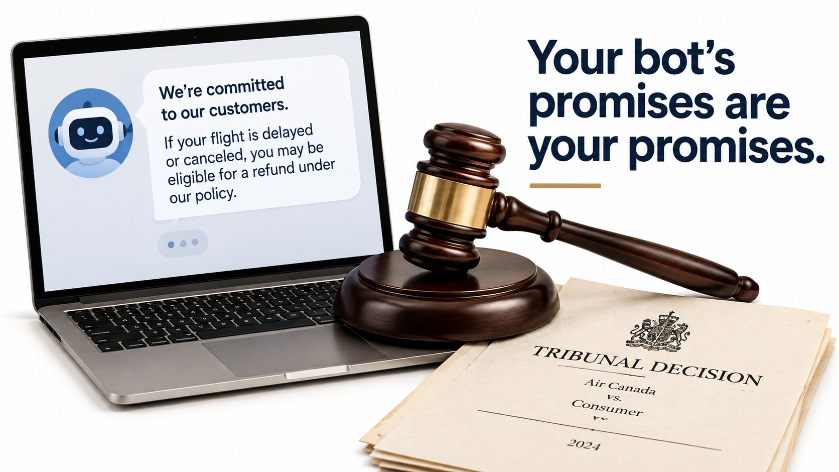 Chatbot speech bubble on a laptop next to a judge's gavel with the caption Your bot's promises are your promises