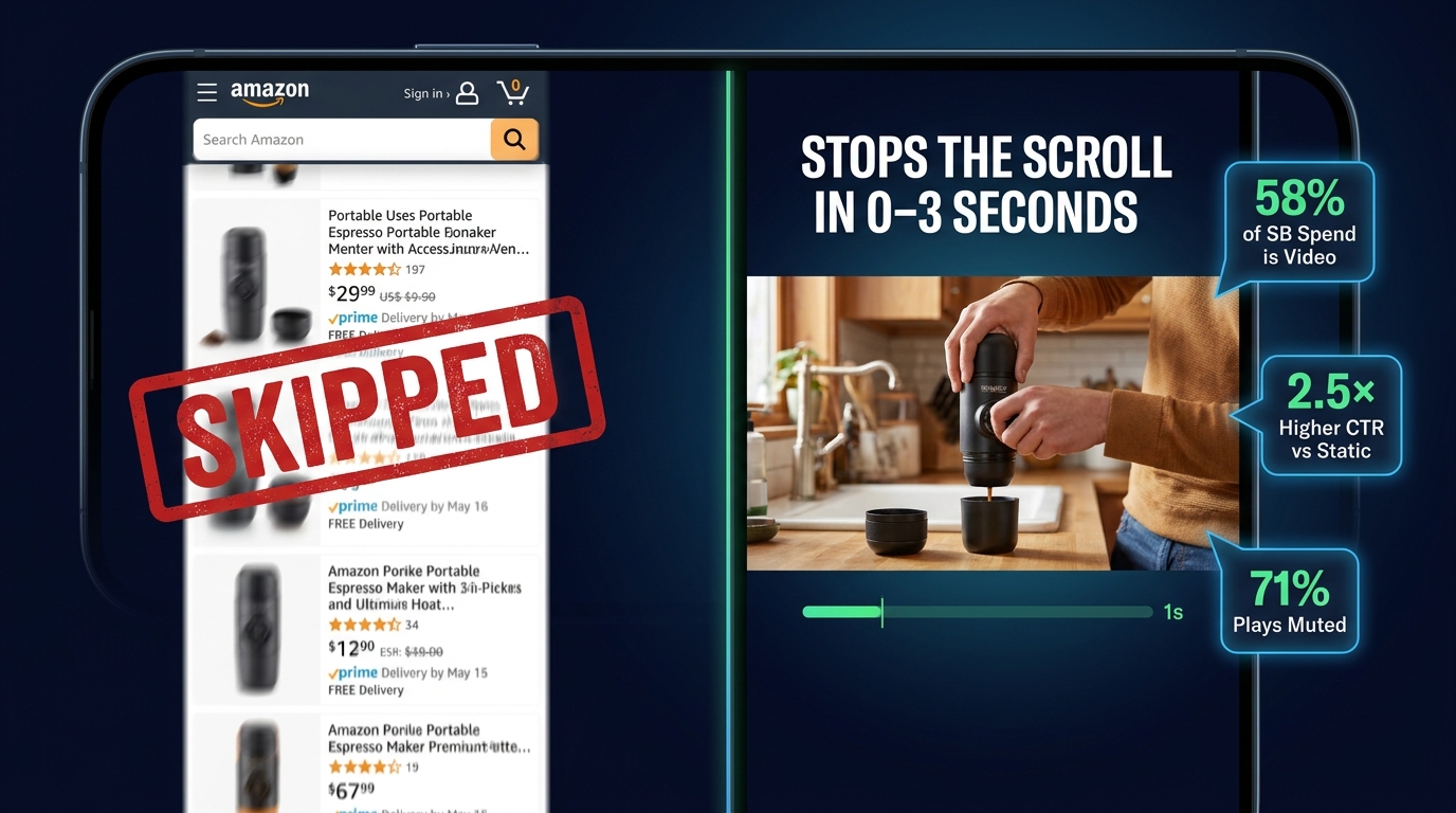 Split-screen showing a static Amazon listing being skipped versus an SBV ad stopping the scroll with product visible at 1 second, with callouts showing 58% of SB spend is video, 2.5x higher CTR, and 71% plays muted