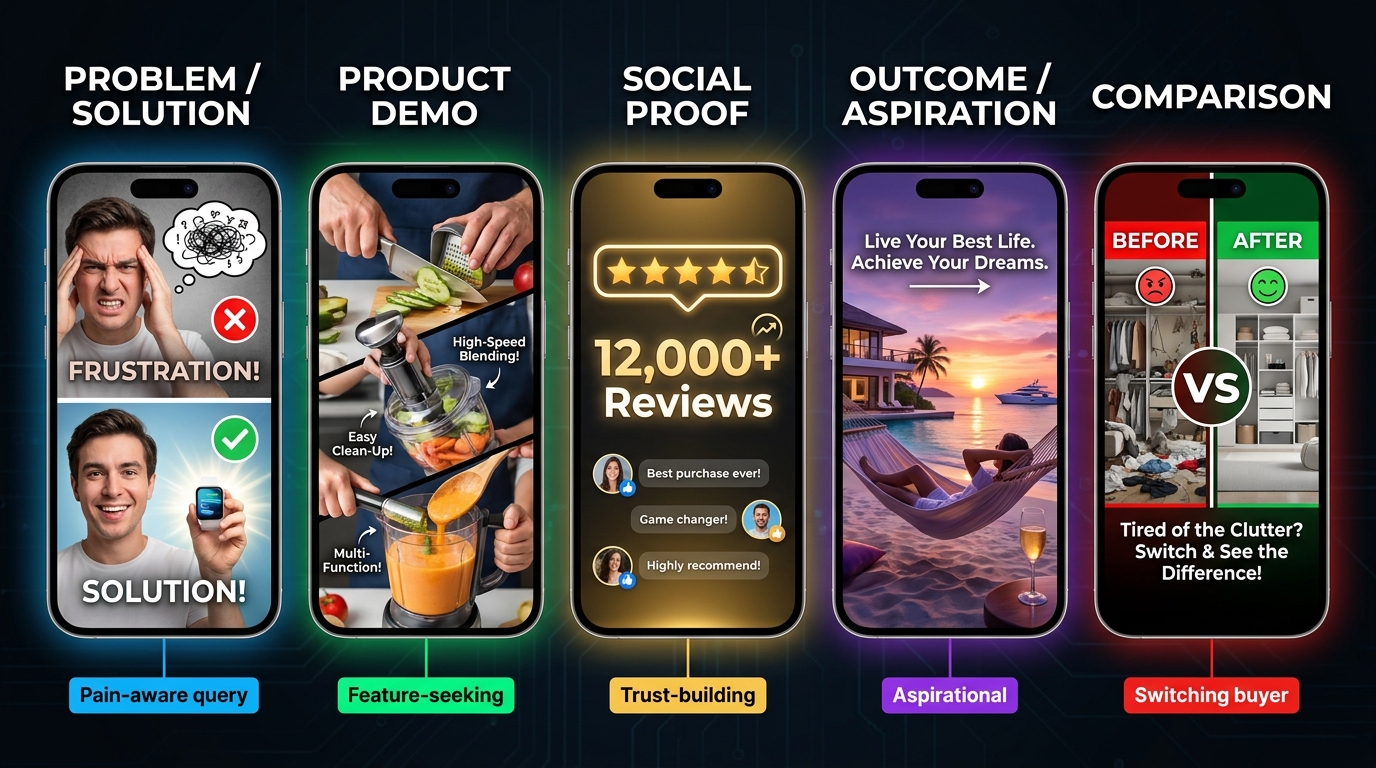 Five SBV hook archetypes shown across five smartphone screens: Problem/Solution, Product Demo, Social Proof, Outcome/Aspiration, and Comparison, each matched to its ideal keyword intent type