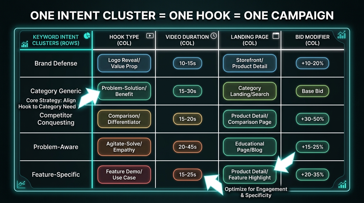 Campaign structure matrix mapping five keyword intent clusters — Brand Defense, Category Generic, Competitor Conquesting, Problem-Aware, Feature-Specific — to hook types, video duration, landing page, and bid modifiers