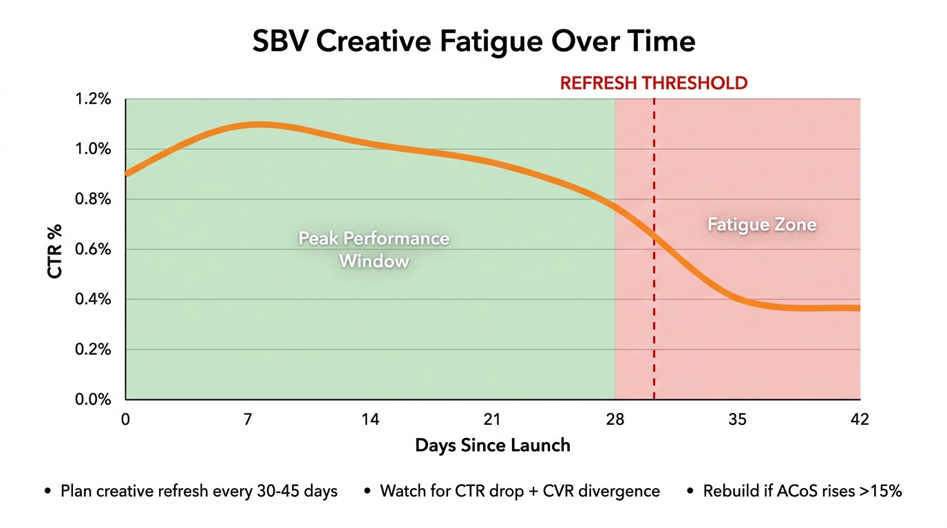 Performance chart showing SBV creative fatigue curve over 42 days, with CTR peaking at day 7 and declining sharply after day 28 into the fatigue zone, with the refresh threshold marked at day 30