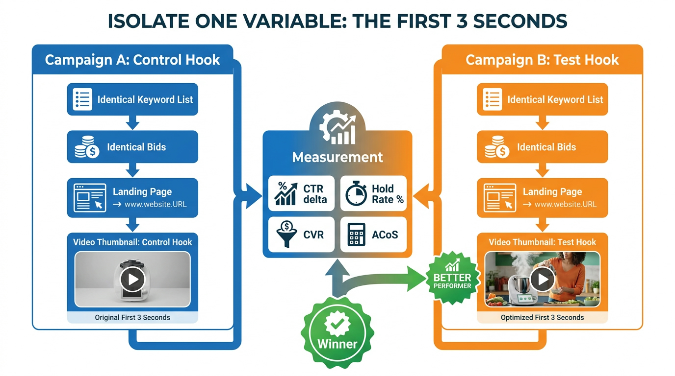 A/B testing architecture for Amazon SBV hook testing showing two parallel campaigns with identical keywords, bids, and landing pages but different first-3-second hook sequences, measured by CTR delta, hold rate, CVR, and ACoS