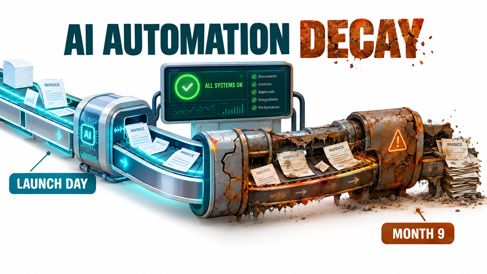 An office automation pipeline that is shiny on launch day and rusted by month nine, while the dashboard still shows all systems OK