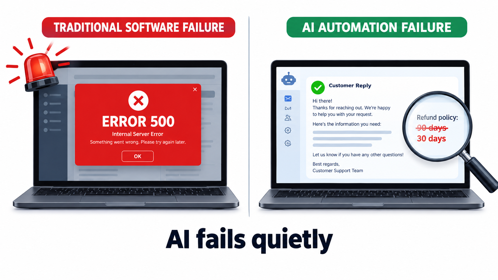 Split screen comparing a loud traditional software error popup with a calm, confident AI reply that contains a wrong refund policy detail