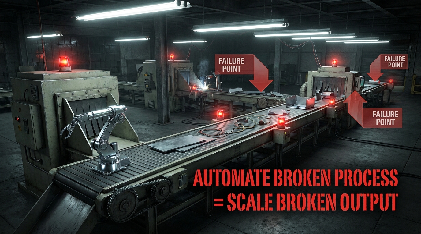 Industrial conveyor belt metaphor showing broken process sequencing — automating out of order creates scaled-up failures