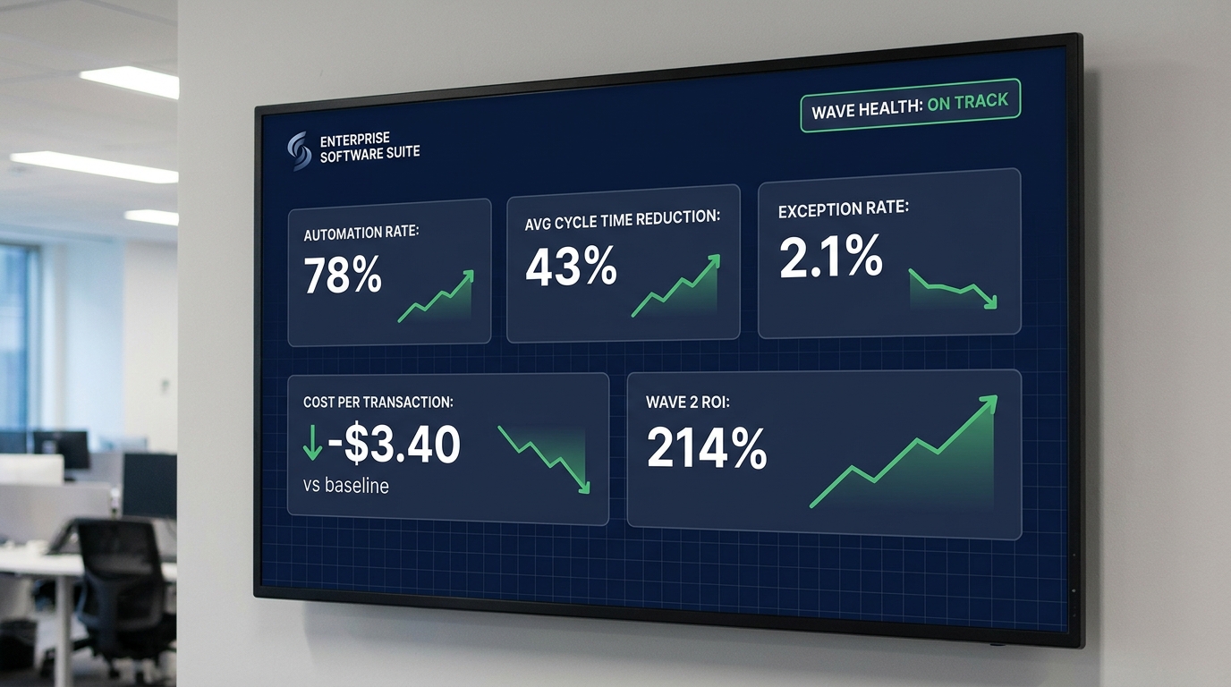 Hyperautomation KPI monitoring dashboard showing automation rate, cycle time reduction, exception rate, and wave ROI metrics