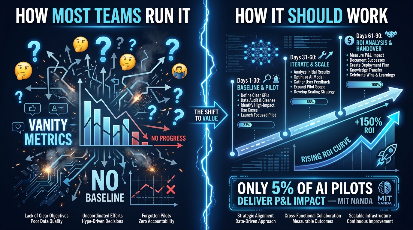Split-screen infographic comparing how most teams run a 90-day AI automation experiment versus a structured ROI-first approach with baseline measurement and milestone tracking