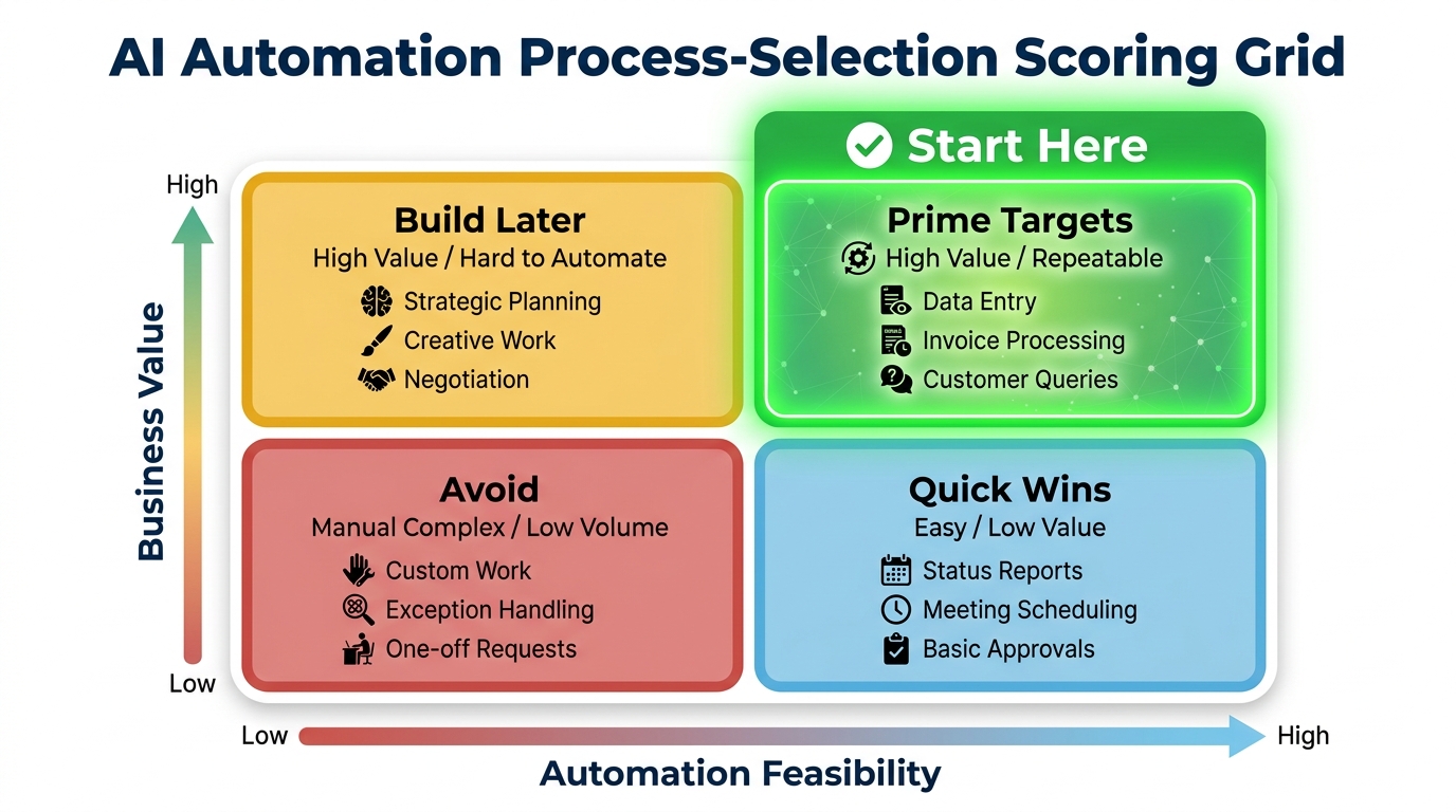 Process selection scoring matrix for AI automation showing a 2x2 grid with Business Value and Automation Feasibility axes, with Prime Targets in the top-right quadrant