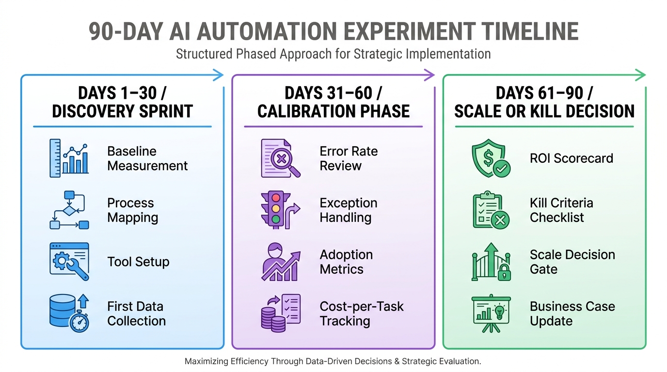 Three-column timeline infographic showing Days 1-30 Discovery Sprint, Days 31-60 Calibration Phase, and Days 61-90 Scale or Kill Decision with icons and key tasks for each phase