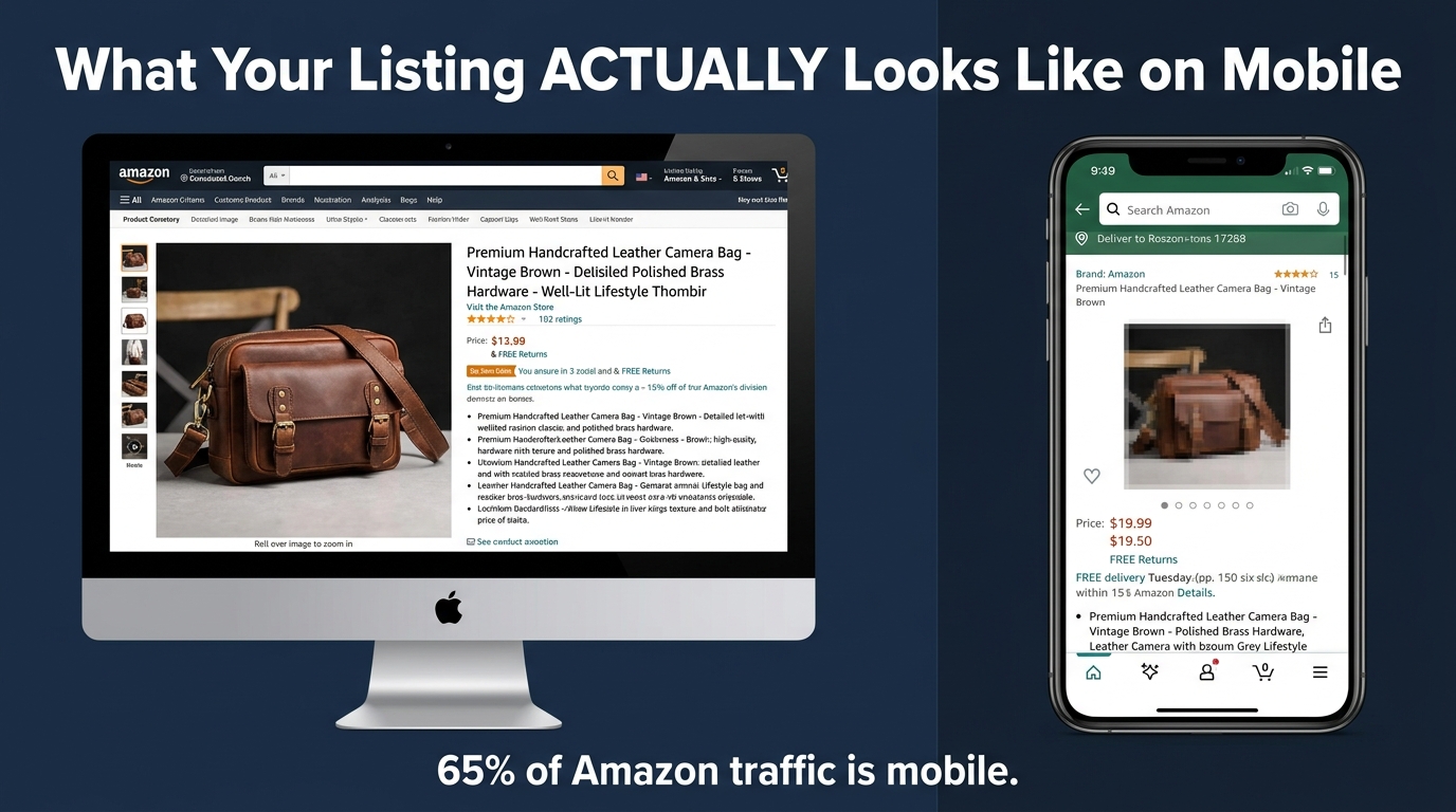 Desktop vs mobile Amazon listing comparison showing how product images shrink dramatically on smartphone screens