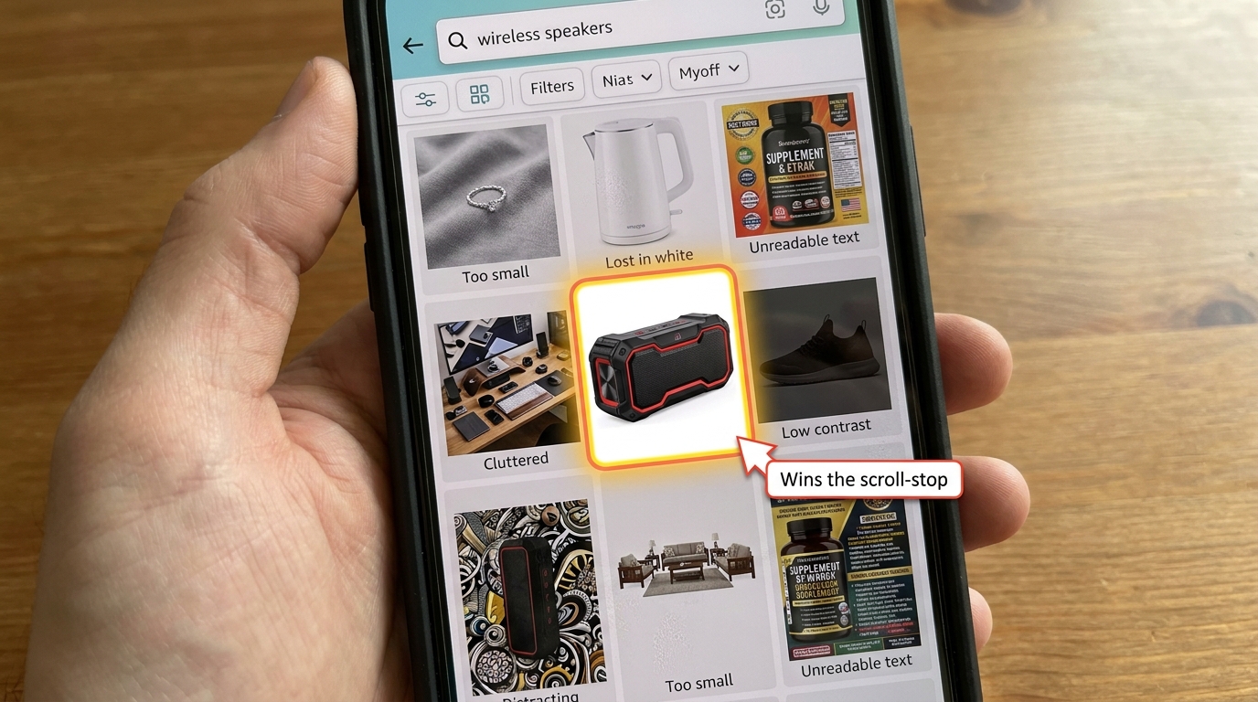 Amazon mobile search results grid showing how some product thumbnails stand out with bold compositions while others are lost at 150-pixel thumbnail scale