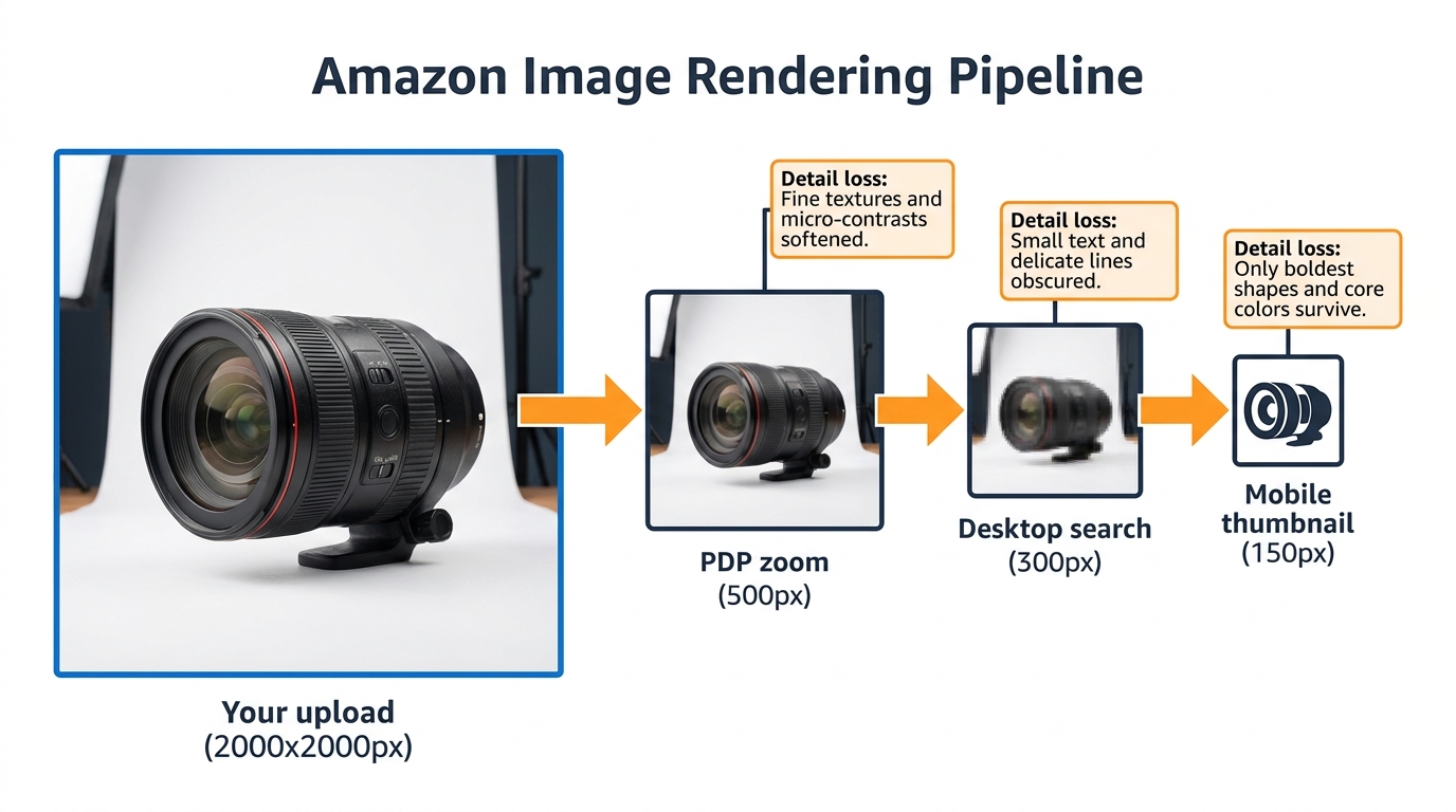 Diagram of the Amazon image rendering pipeline showing how a 2000px upload is progressively compressed to 150px mobile thumbnails